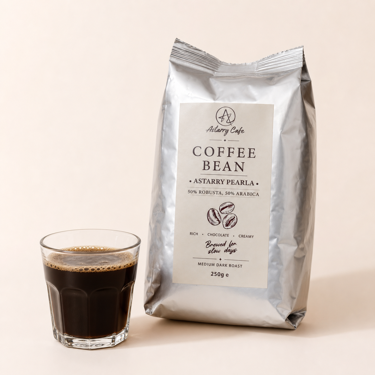Astarry Pearla Coffee Bean with brewed coffee