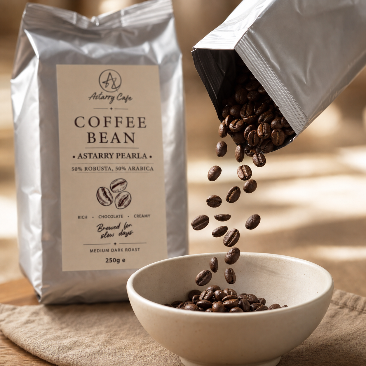 Astarry Pearla Coffee Bean, beans pouring into a bowl
